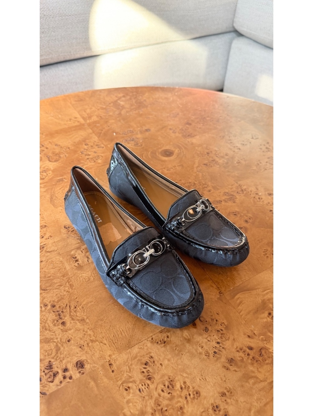 Coach Black Signature Logo Loafers with Silver Buckle NWOT